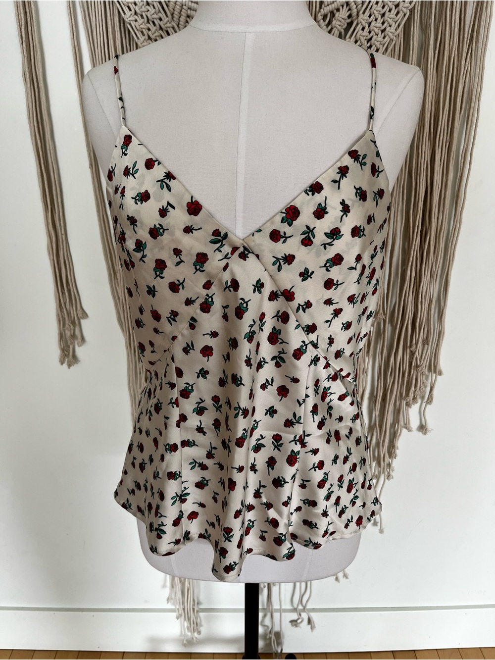 a new day Cream Satin Cami with Red Rose Print